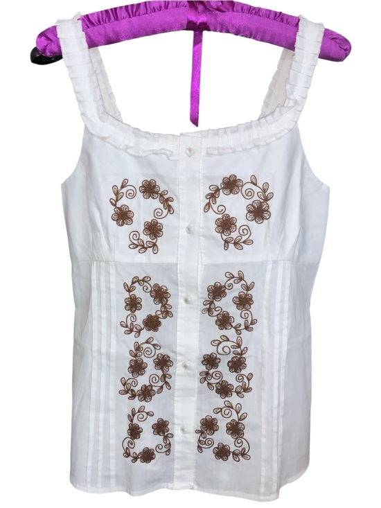Tops - Hand made it White Sleeveless Button Front Top with Brown Floral Embroidery